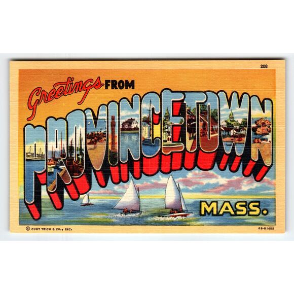 Vintage 1950 Greetings from Provincetown Massachusetts Linen Postcard Large - Picture 1 of 2